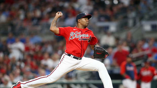 Sep 16, 2022; Atlanta, Georgia, USA; Atlanta Braves relief pitcher Raisel Iglesias (26) throws against the Philadelphia Phillies in the ninth inning at Truist Park.